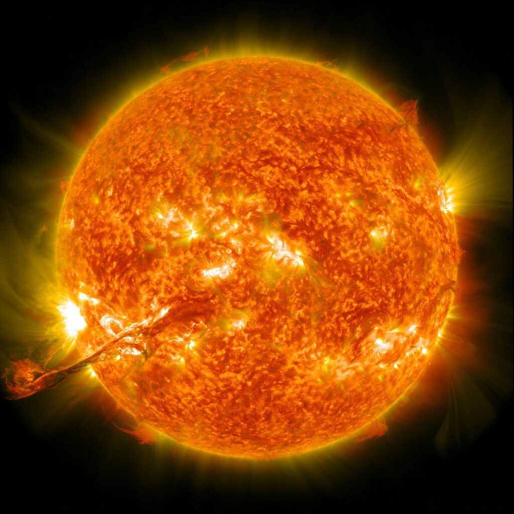 A bright sun with many flares and light effects.