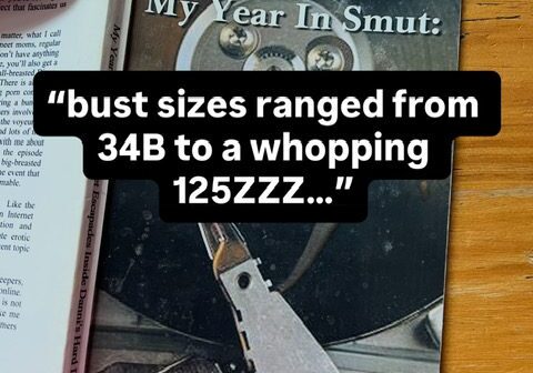 Book titled "My Year In Smut" on table.