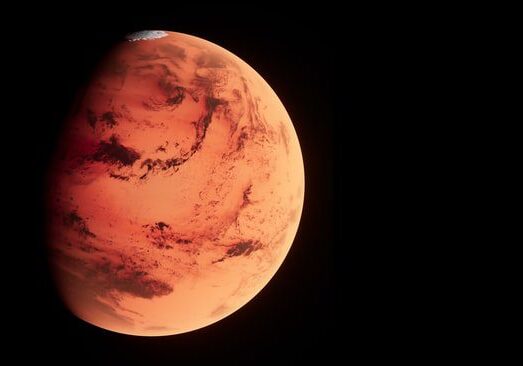 A red planet with black background and dark sky